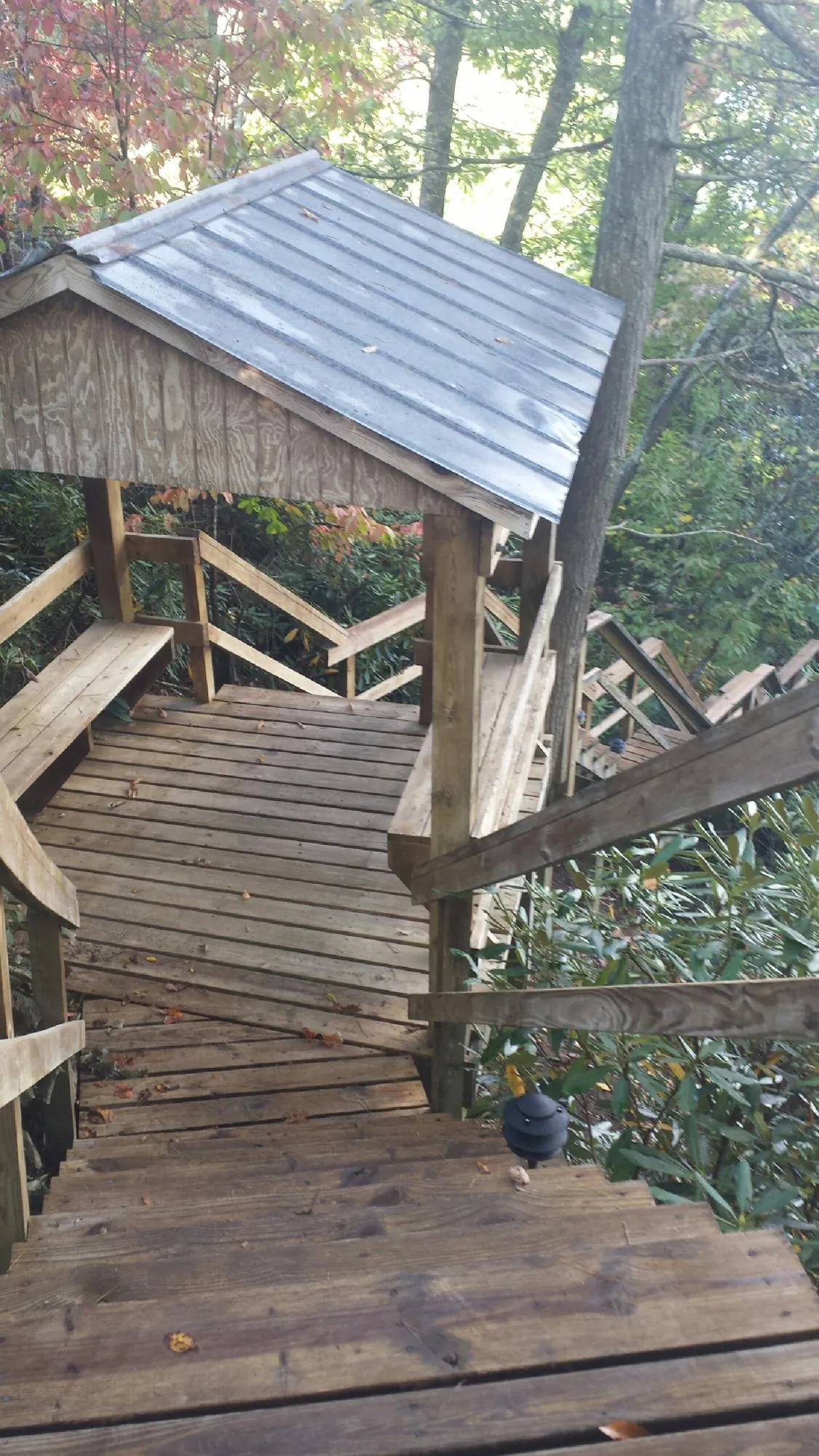 Metal roofed shelter over wooden steps on a wooded walkway — Skylight Repair & Installation work by our crew in Brockport